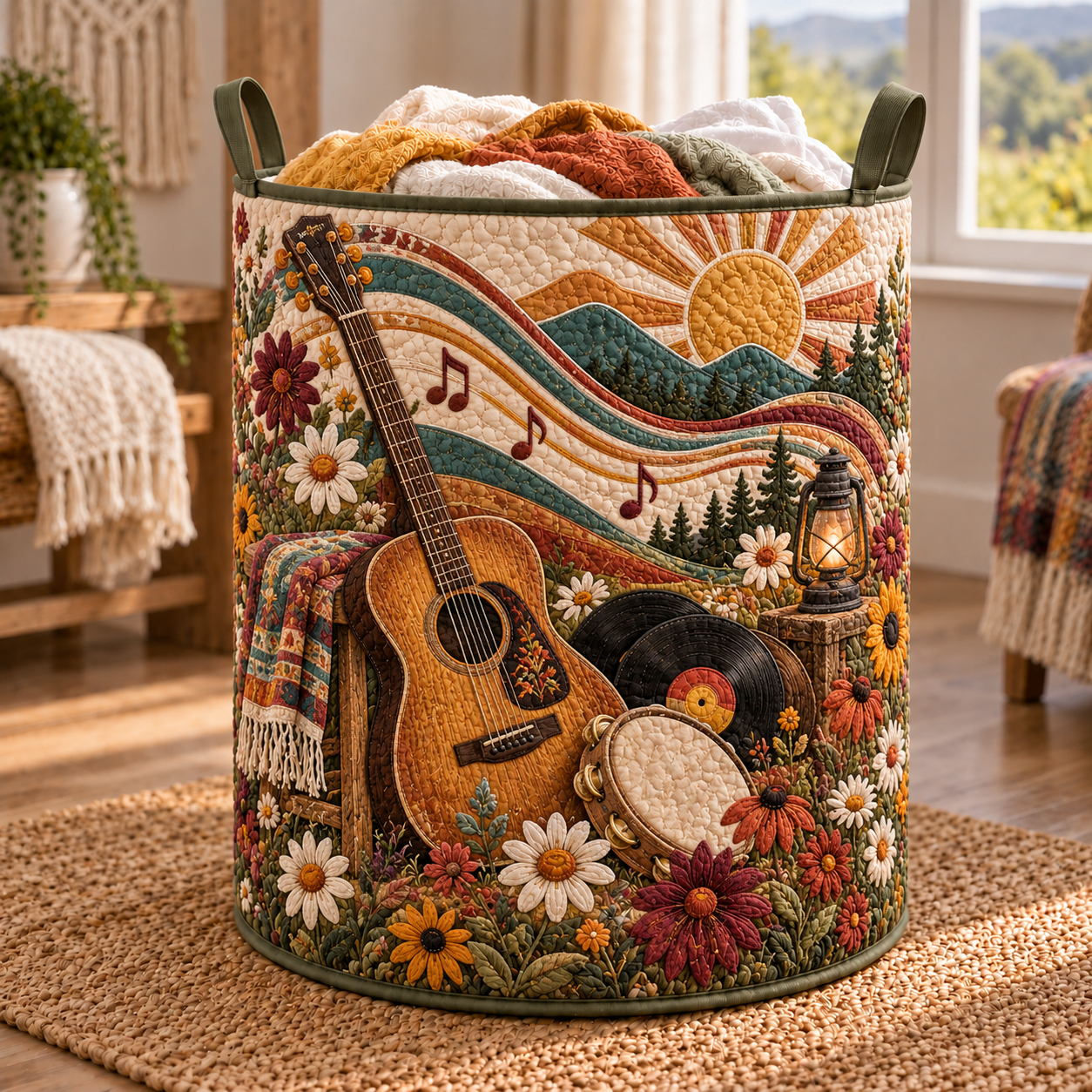 Boho Guitar Music Festiva Quilted Laundry Basket