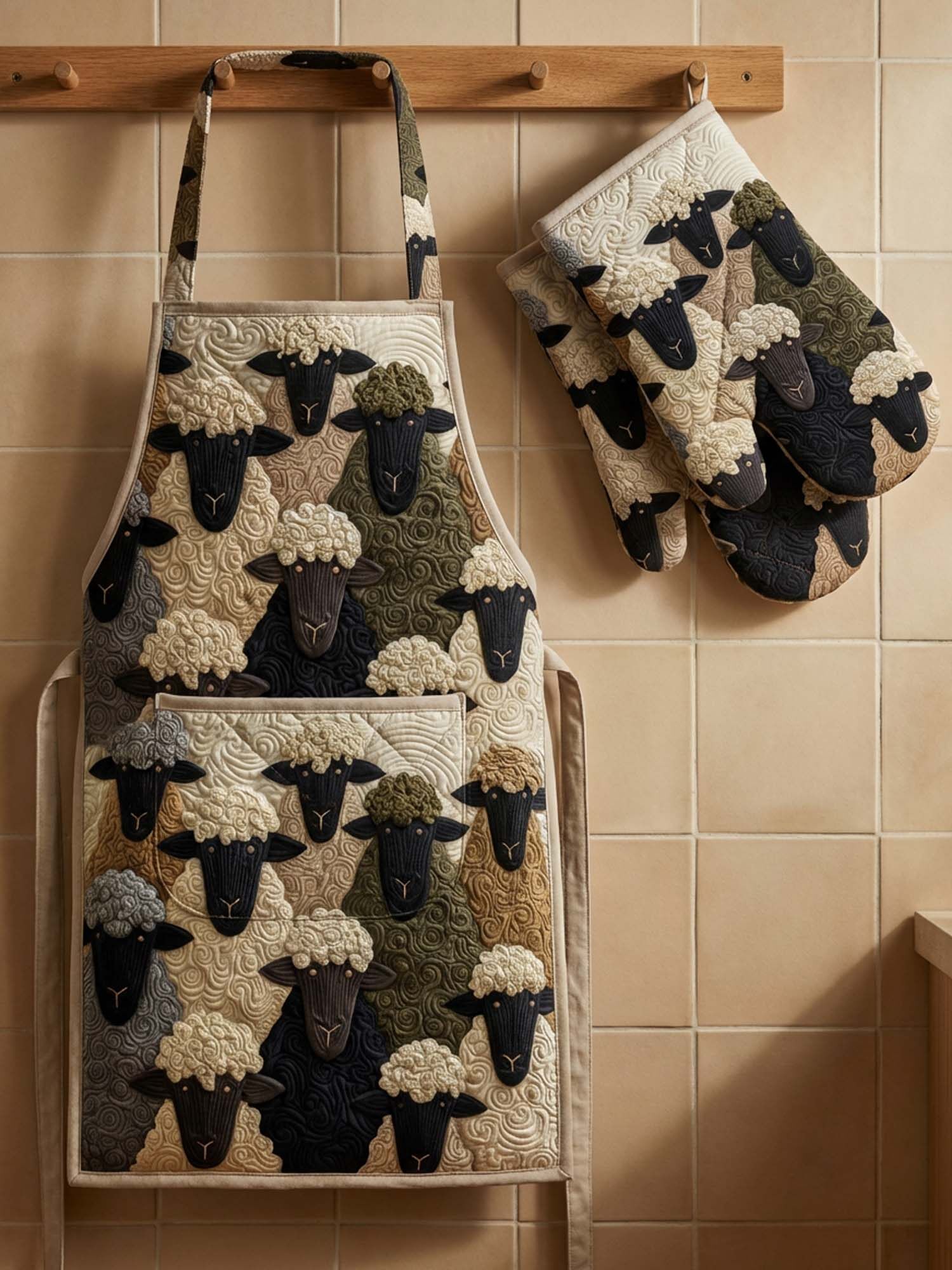 Cute Sheep Quilted Apron Set (2-Piece) – Padded Apron + Heat-Resistant Oven Mitts