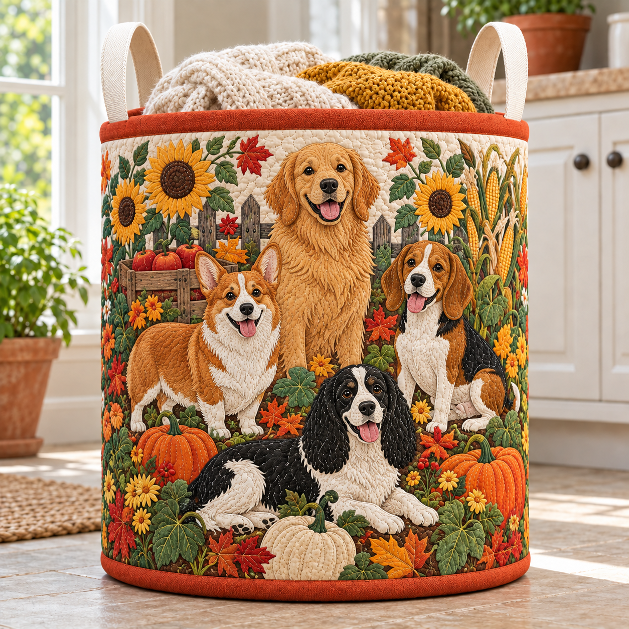Sunflower Dog Family Quilted Laundry Basket
