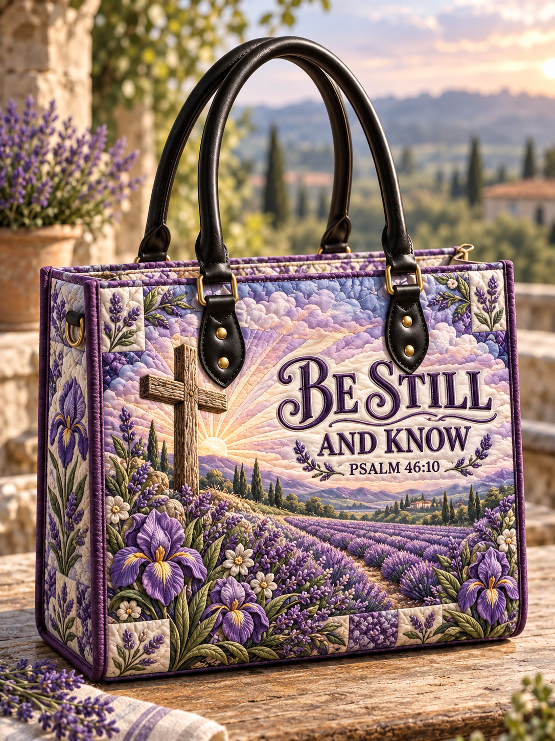 Be Still and Know Lavender Field Quilted Leather Strap Bible Handbag