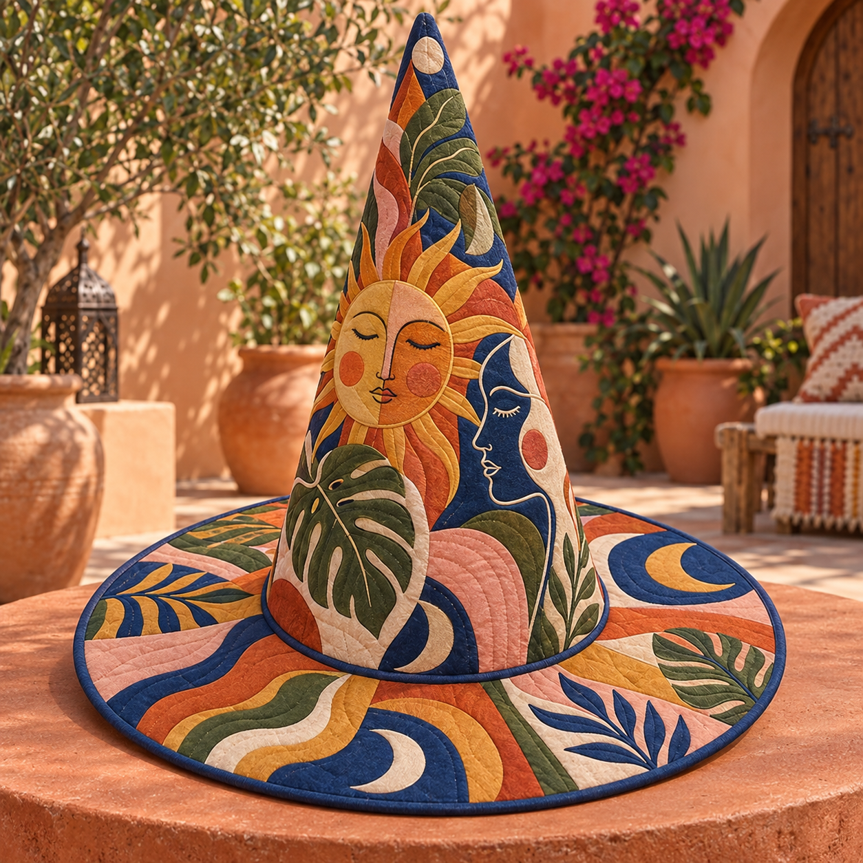 Boho Abstract Sun Face Quilted Witch Hat