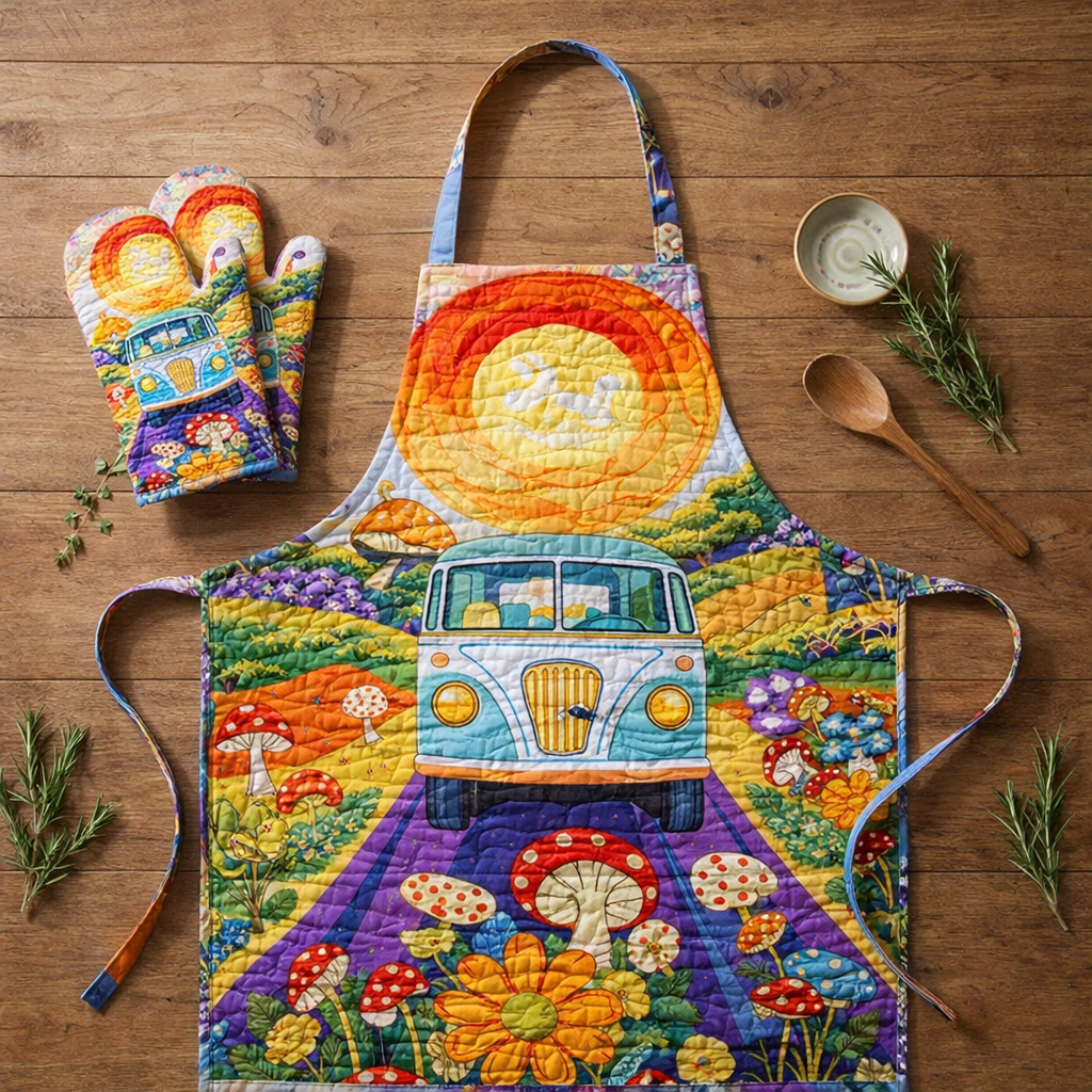 Hippie Van Quilted Apron Set (2-Piece) – Padded Apron + Heat-Resistant Oven Mitts