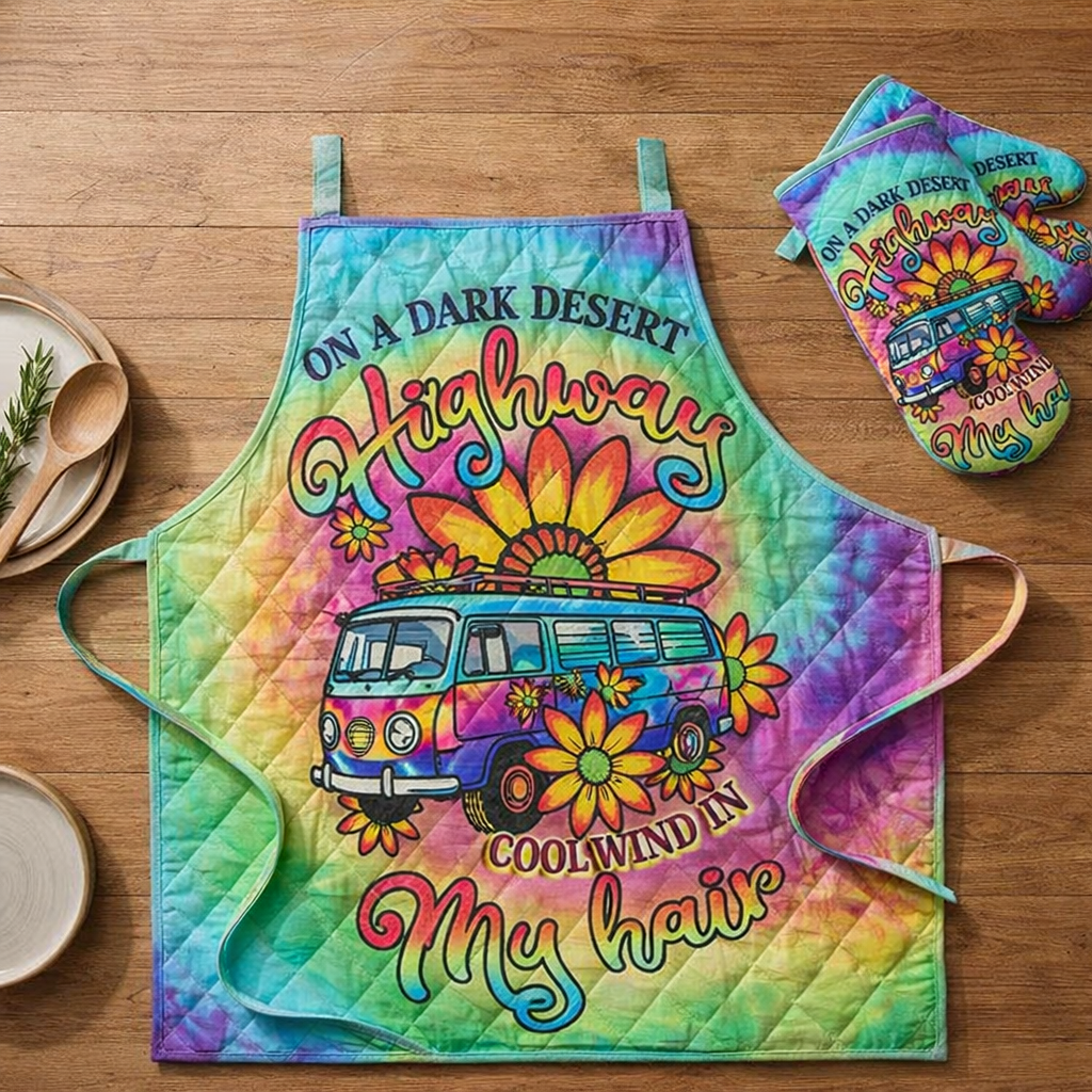 Hippie Van Quilted Apron Set (2-Piece) – Padded Apron + Heat-Resistant Oven Mitts
