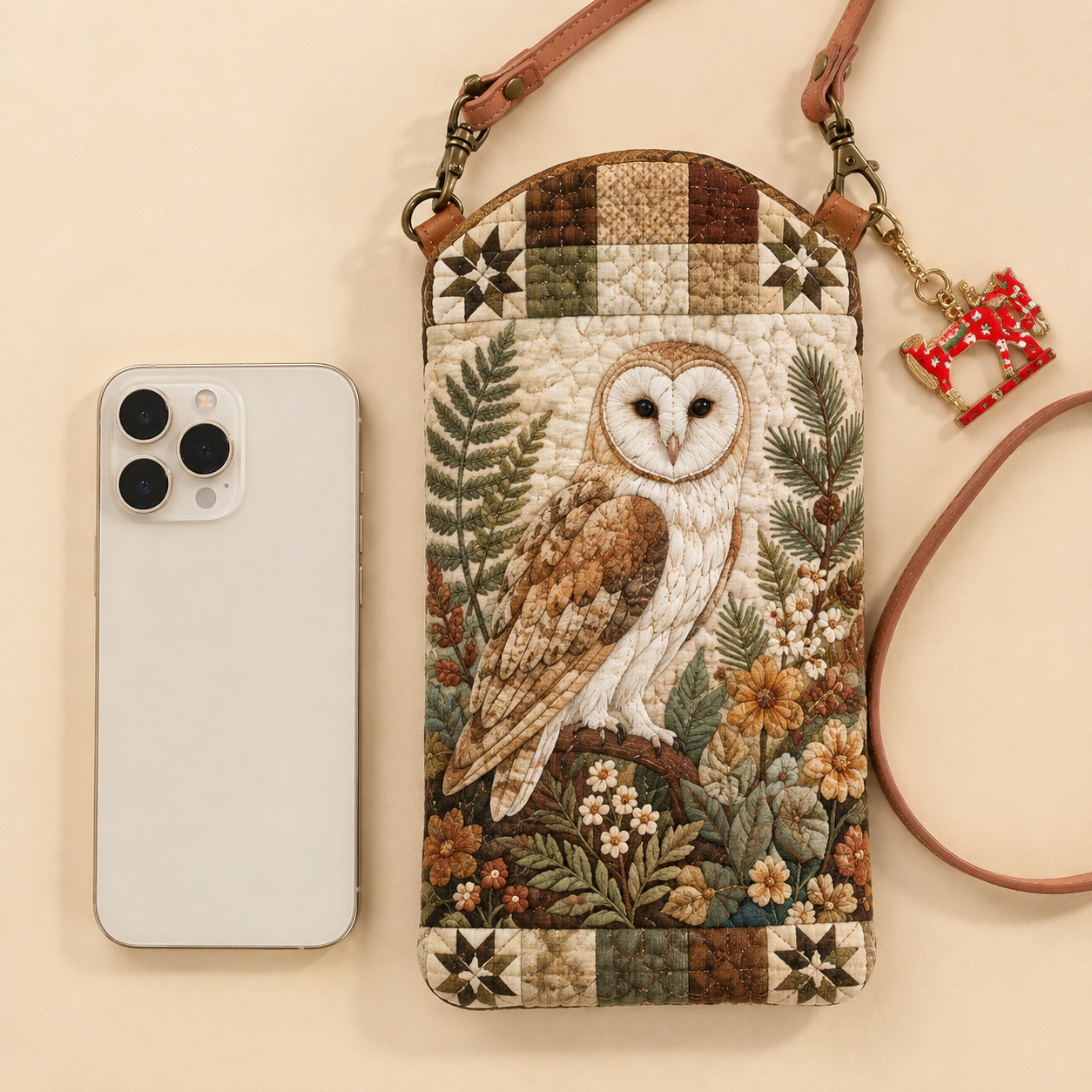 Forest Owl Floral Embroidery Quilted Slim Phone Crossbody Bag