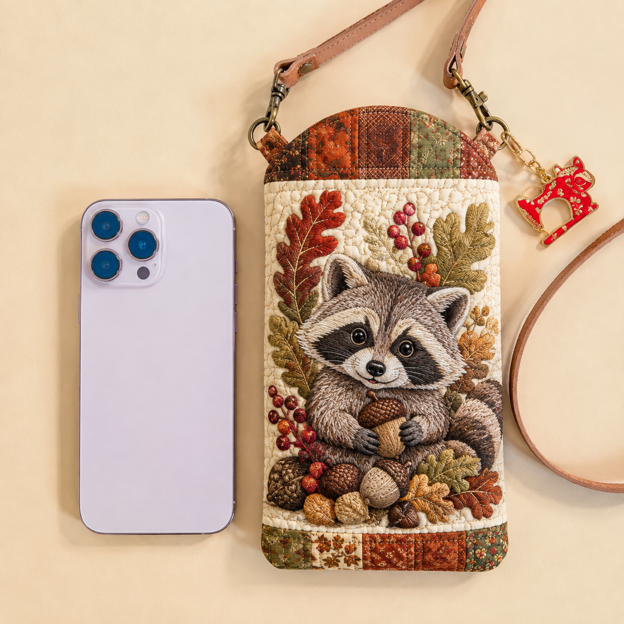 Autumn Raccoon Acorn Woodland Quilted Slim Phone Crossbody Bag