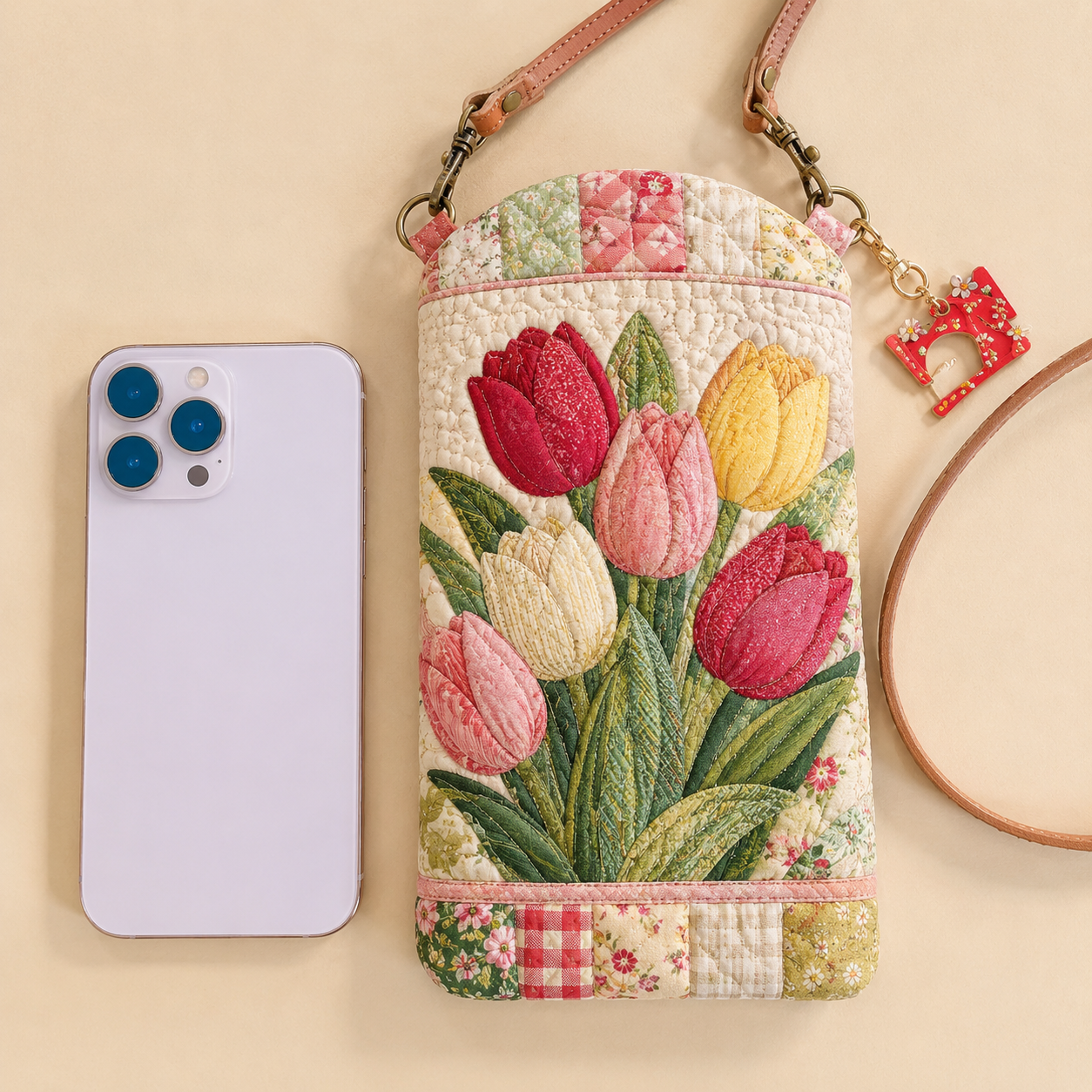 Colorful Tulip Garden Floral Quilted Slim Phone Crossbody Bag