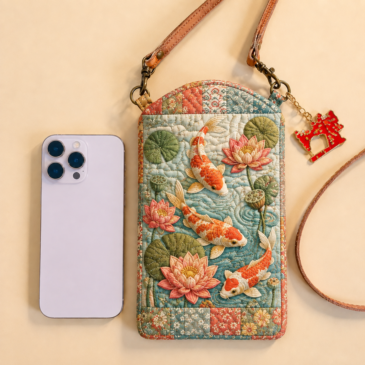 Koi Pond Lotus Blossom Quilted Slim Phone Crossbody Bag
