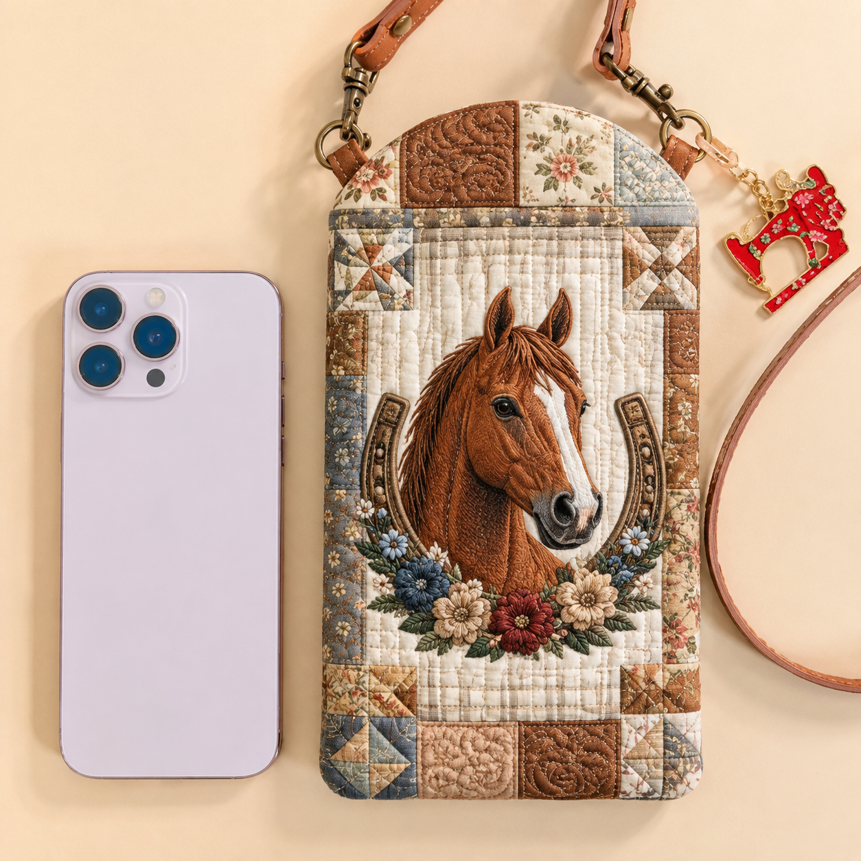 Rustic Horse Horseshoe Floral Quilted Slim Phone Crossbody Bag