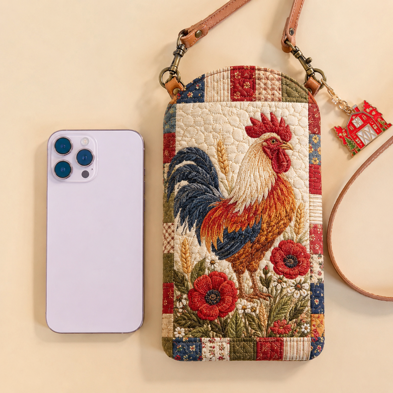 Farmhouse Rooster Poppy Floral Quilted Slim Phone Crossbody Bag