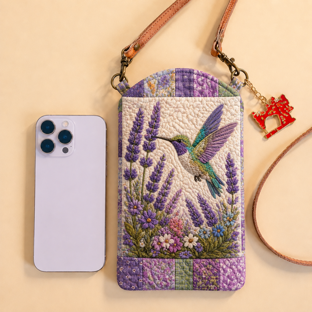 Lavender Hummingbird Floral Garden Quilted Slim Phone Crossbody Bag