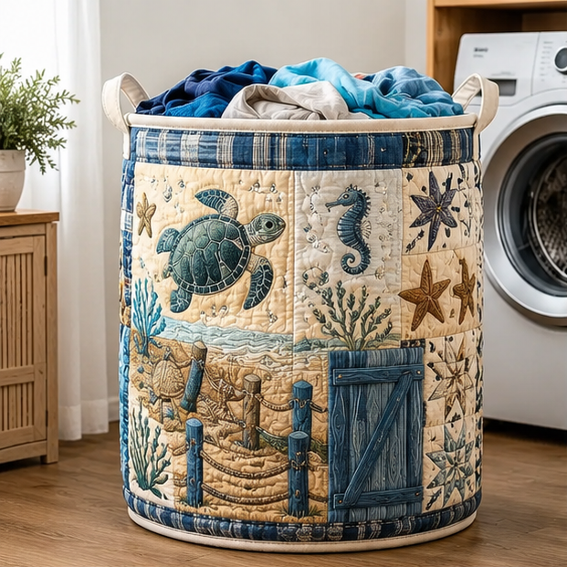 Coastal Turtle Seahorse Farmhouse Quilted Laundry Basket