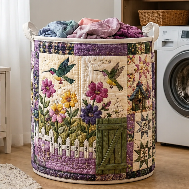 Vintage Hummingbird Floral Quilted Laundry Basket