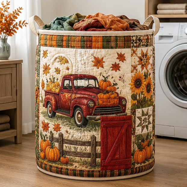 Fall Pumpkin Truck Farmhouse Quilted Laundry Basket