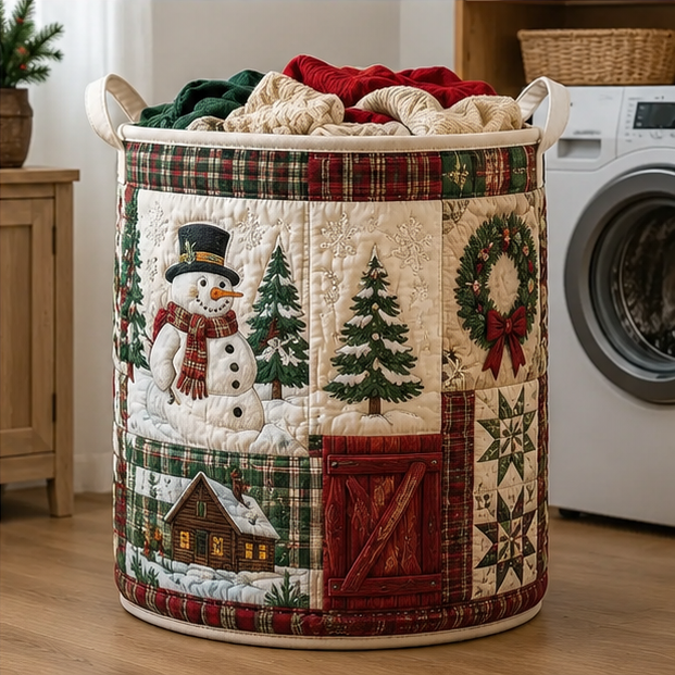 Christmas Snowman Cabin Farmhouse Quilted Laundry Basket
