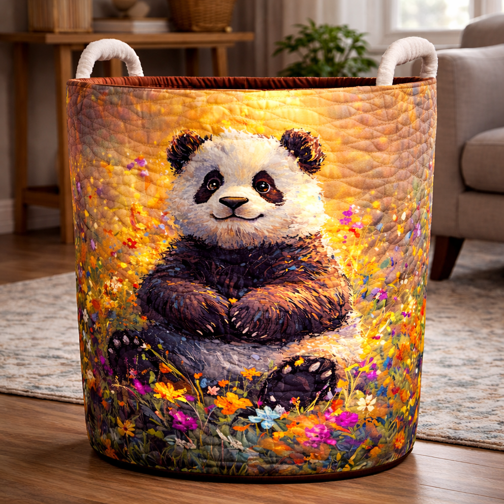 Panda With Flower Quilted Laundry Basket