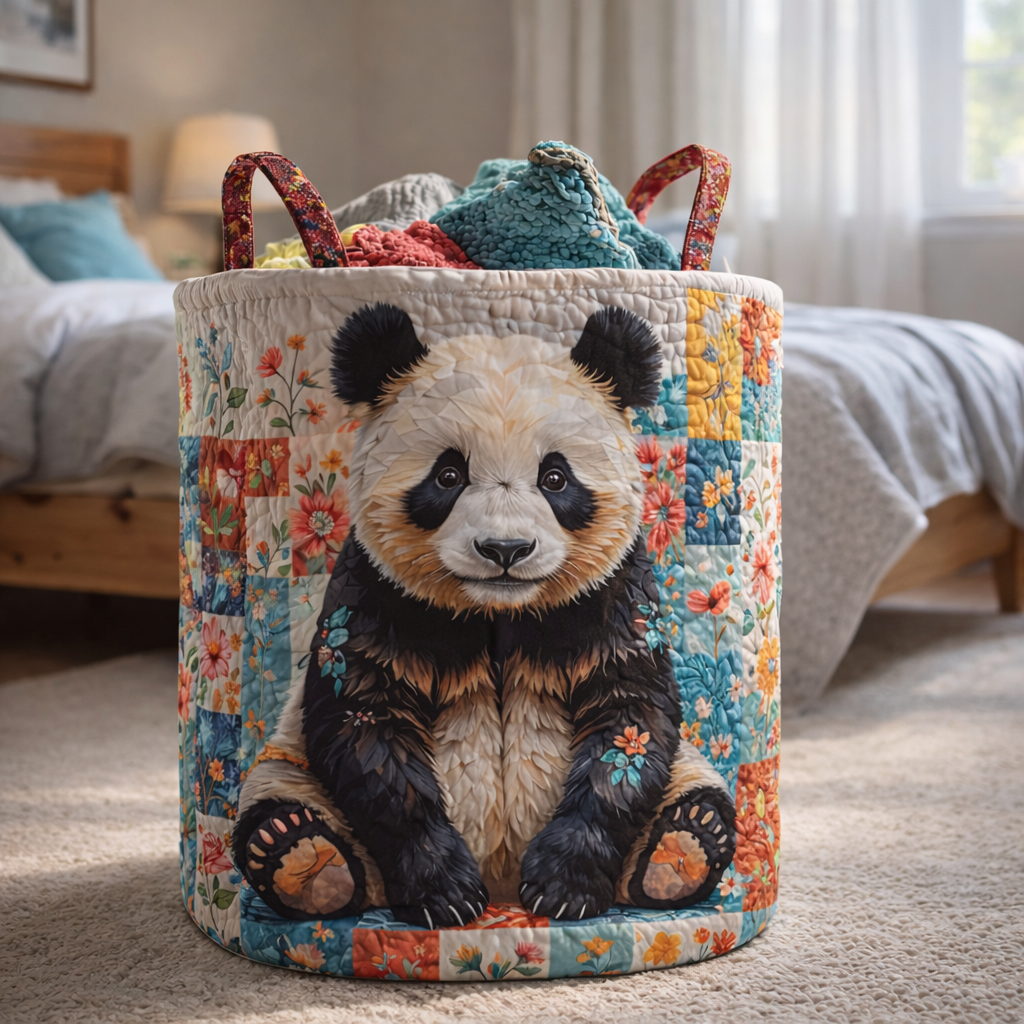 Panda Flower Stripe Quilted Laundry Basket