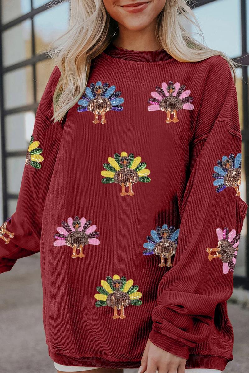 Mntaor Women's Oversized Christmas Sweatshirt with Sequin Turkey Graphic Corded Baggy Long Sleeve Winteroutfit Round Neck Casual Tops for Comfortable Wear