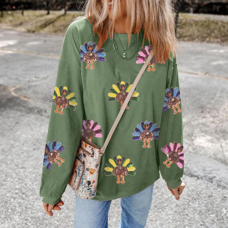 Mntaor Women's Oversized Christmas Sweatshirt with Sequin Turkey Graphic Corded Baggy Long Sleeve Winteroutfit Round Neck Casual Tops for Comfortable Wear