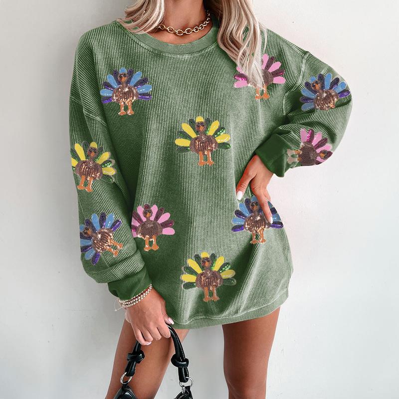 Mntaor Women's Oversized Christmas Sweatshirt with Sequin Turkey Graphic Corded Baggy Long Sleeve Winteroutfit Round Neck Casual Tops for Comfortable Wear