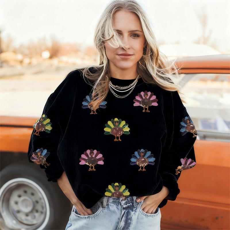 Mntaor Women's Oversized Christmas Sweatshirt with Sequin Turkey Graphic Corded Baggy Long Sleeve Winteroutfit Round Neck Casual Tops for Comfortable Wear