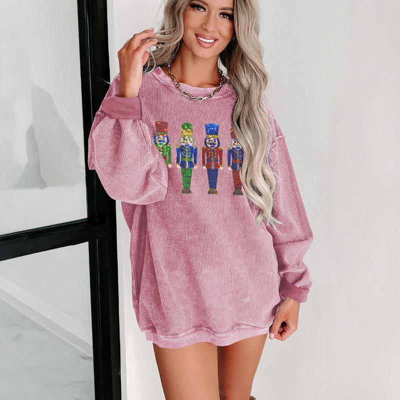 Mntaor Women's Oversized Christmas Sweatshirt with Sequin Turkey Graphic Corded Baggy Long Sleeve Winteroutfit Round Neck Casual Tops for Comfortable Wear