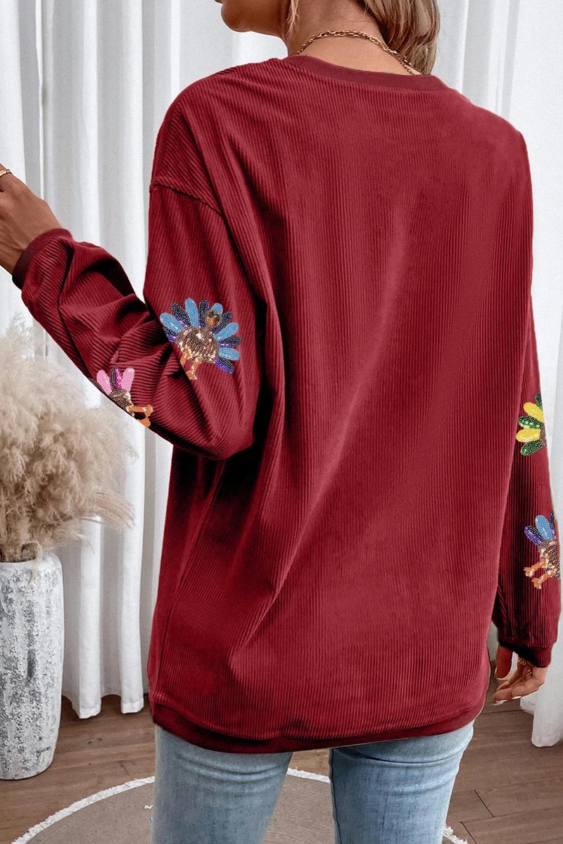 Mntaor Women's Oversized Christmas Sweatshirt with Sequin Turkey Graphic Corded Baggy Long Sleeve Winteroutfit Round Neck Casual Tops for Comfortable Wear