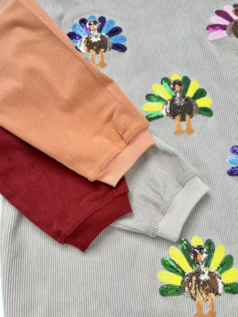 Mntaor Women's Oversized Christmas Sweatshirt with Sequin Turkey Graphic Corded Baggy Long Sleeve Winteroutfit Round Neck Casual Tops for Comfortable Wear