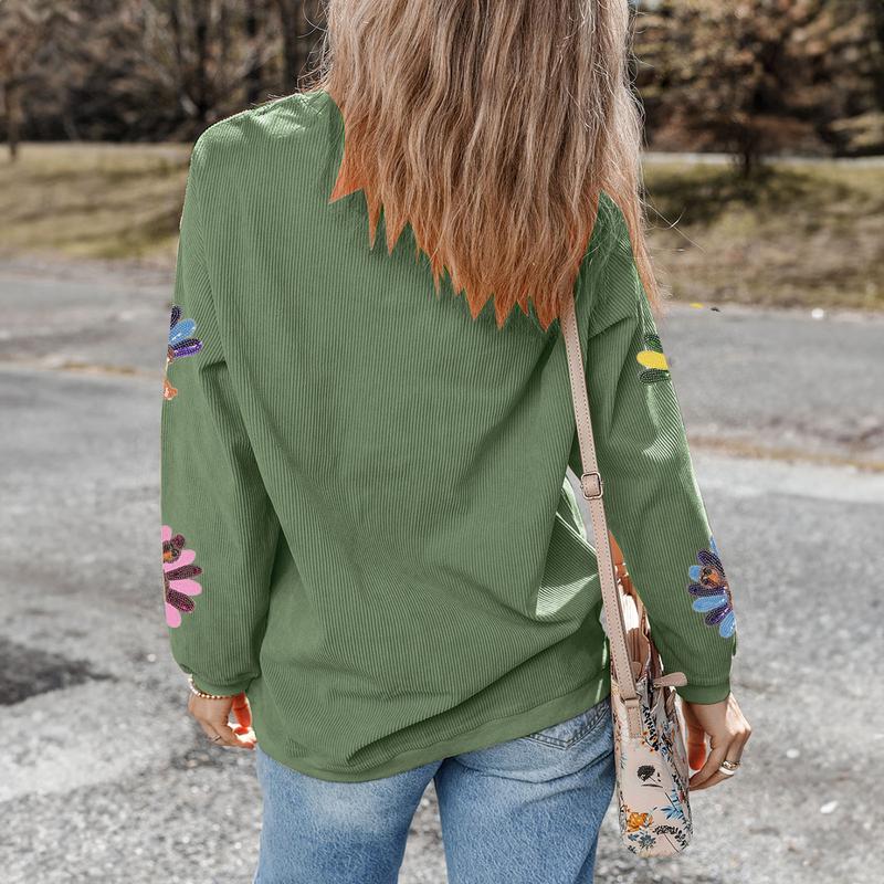 Mntaor Women's Oversized Christmas Sweatshirt with Sequin Turkey Graphic Corded Baggy Long Sleeve Winteroutfit Round Neck Casual Tops for Comfortable Wear