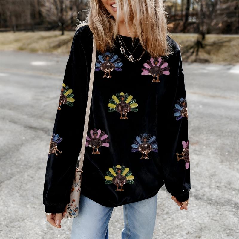 Mntaor Women's Oversized Christmas Sweatshirt with Sequin Turkey Graphic Corded Baggy Long Sleeve Winteroutfit Round Neck Casual Tops for Comfortable Wear