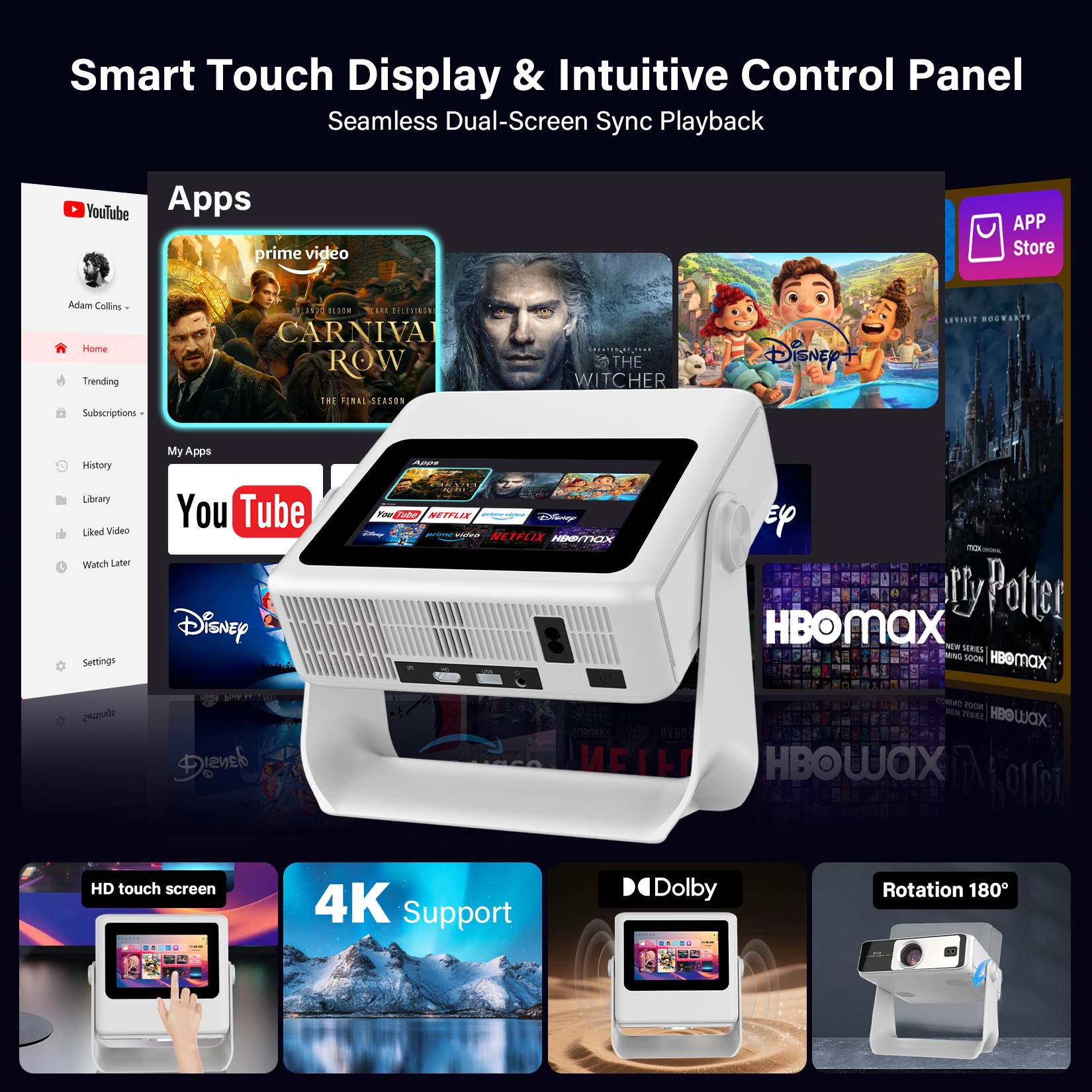 Smart Touchscreen Projector with WiFi 6 and Bluetooth Built-in Apps - 4K Support Portable Bedroom Mini Projector Native 1080P , Auto Keystone Home Theater Cinema Movie Outdoor Proyector