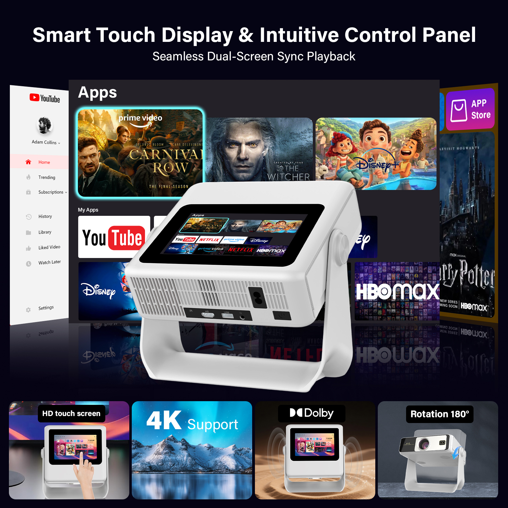 Smart Touchscreen Projector with WiFi 6 and Bluetooth Built-in Apps - 4K Support Portable Bedroom Mini Projector Native 1080P , Auto Keystone Home Theater Cinema Movie Outdoor Proyector