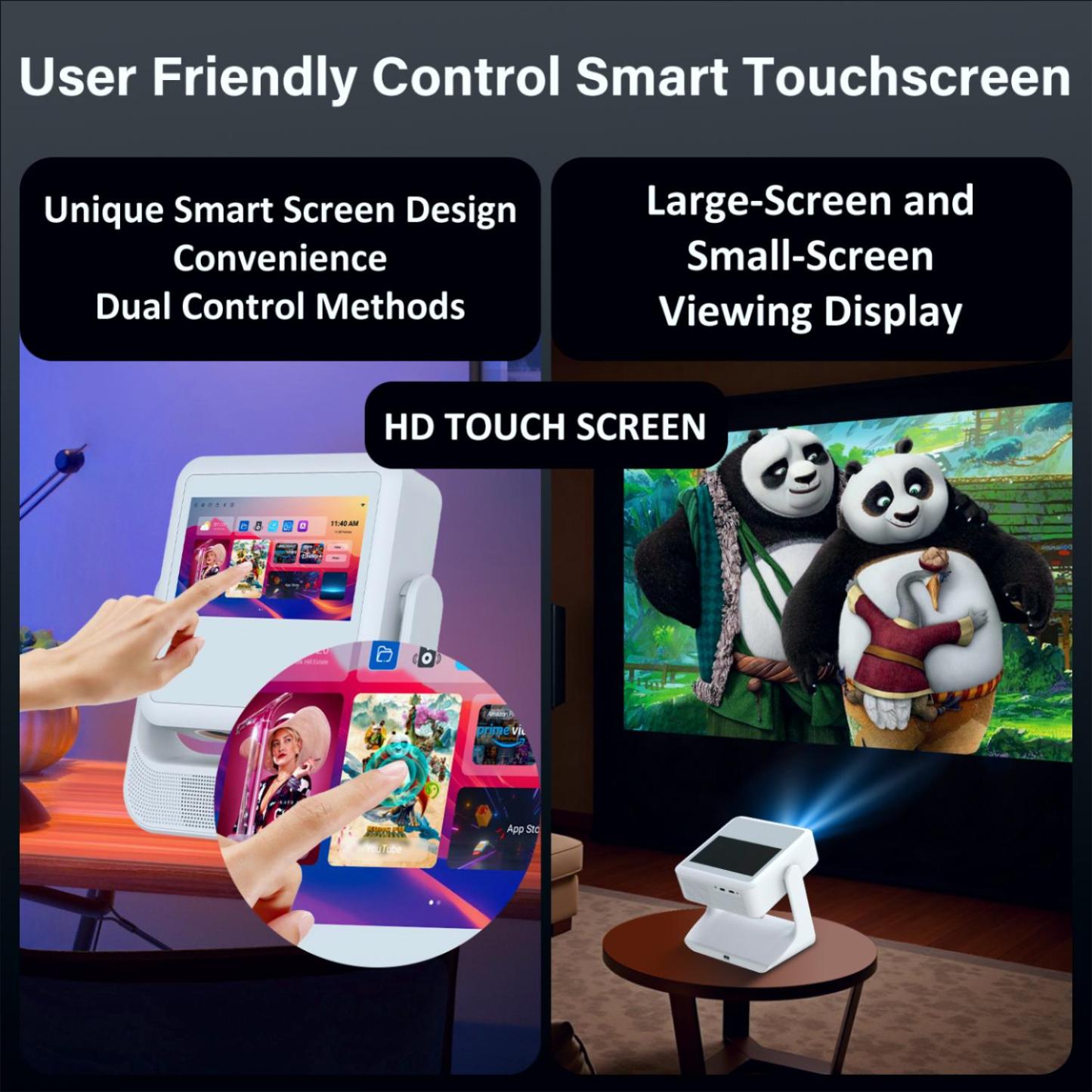 【Touch Screen/APP Store/800 ANSI/Auto Focus】Portable Projector, Full HD 4K Support Smart Video Projector, WiFi 6 Bluetooth for Home Theater/Gaming/Outdoor (180° Stand & 300 ''Display)