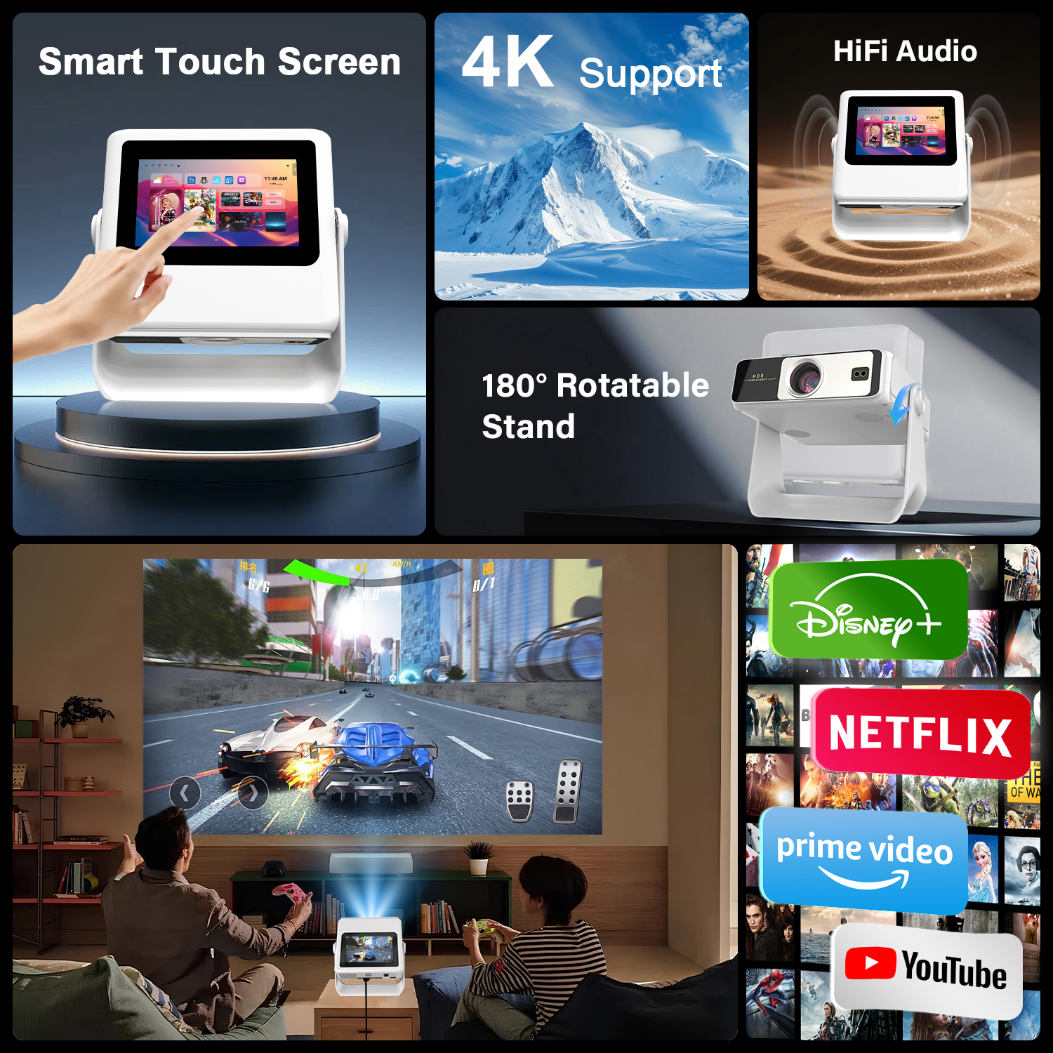 Smart Touchscreen Projector with WiFi 6 and Bluetooth Built-in Apps - 4K Support Portable Bedroom Mini Projector Native 1080P , Auto Keystone Home Theater Cinema Movie Outdoor Proyector