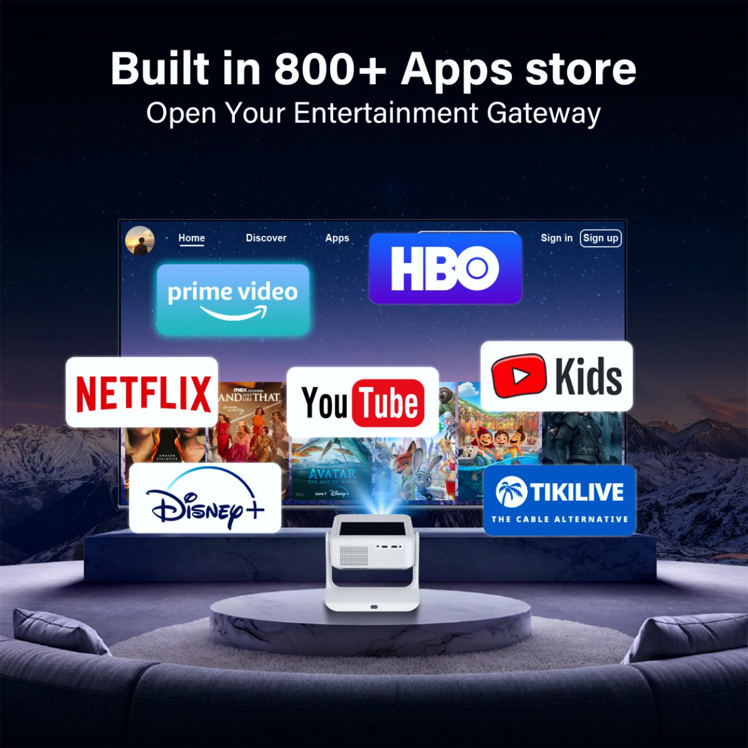 【Touch Screen/APP Store/800 ANSI/Auto Focus】Portable Projector, Full HD 4K Support Smart Video Projector, WiFi 6 Bluetooth for Home Theater/Gaming/Outdoor (180° Stand & 300 ''Display)