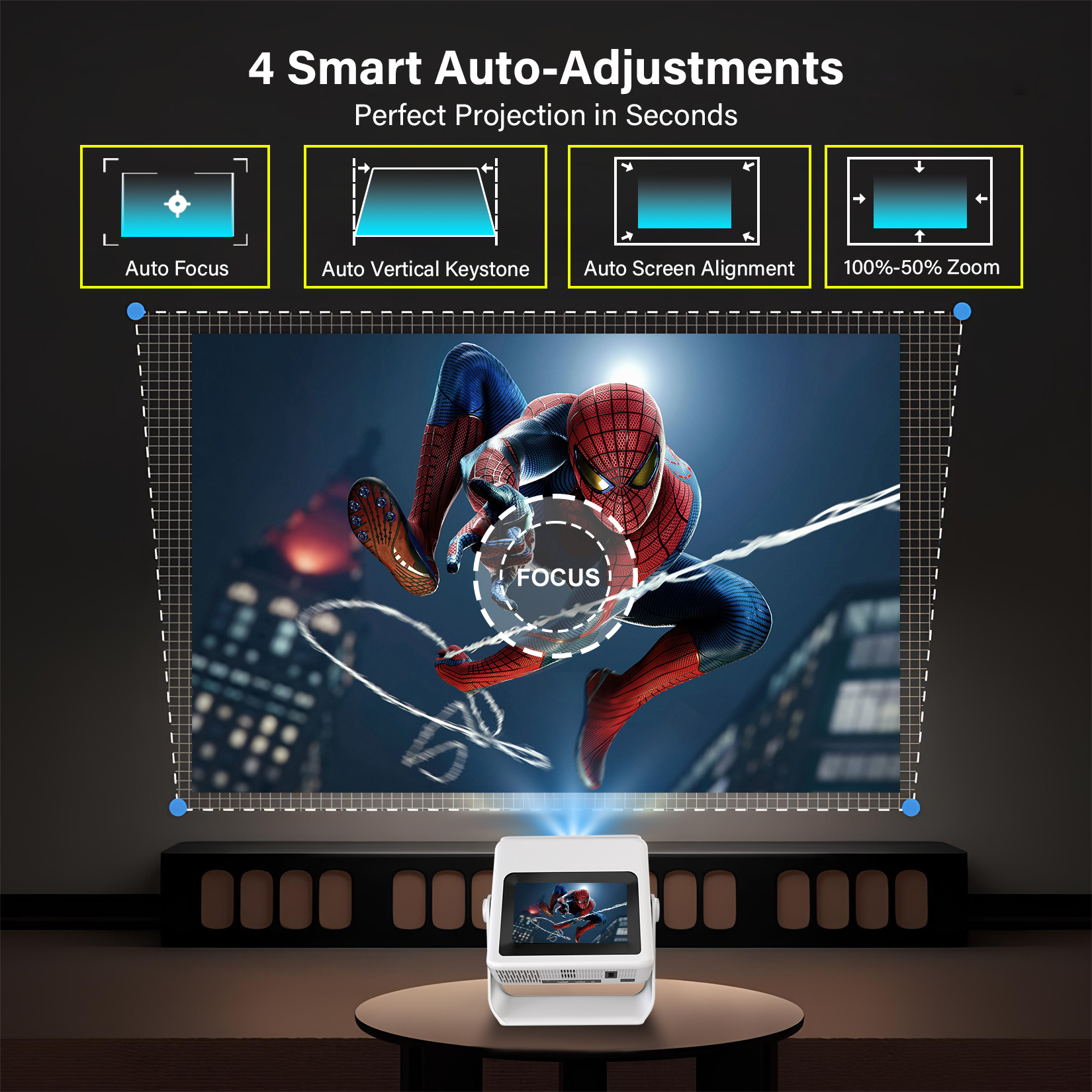 Smart Touchscreen Projector with WiFi 6 and Bluetooth Built-in Apps - 4K Support Portable Bedroom Mini Projector Native 1080P , Auto Keystone Home Theater Cinema Movie Outdoor Proyector