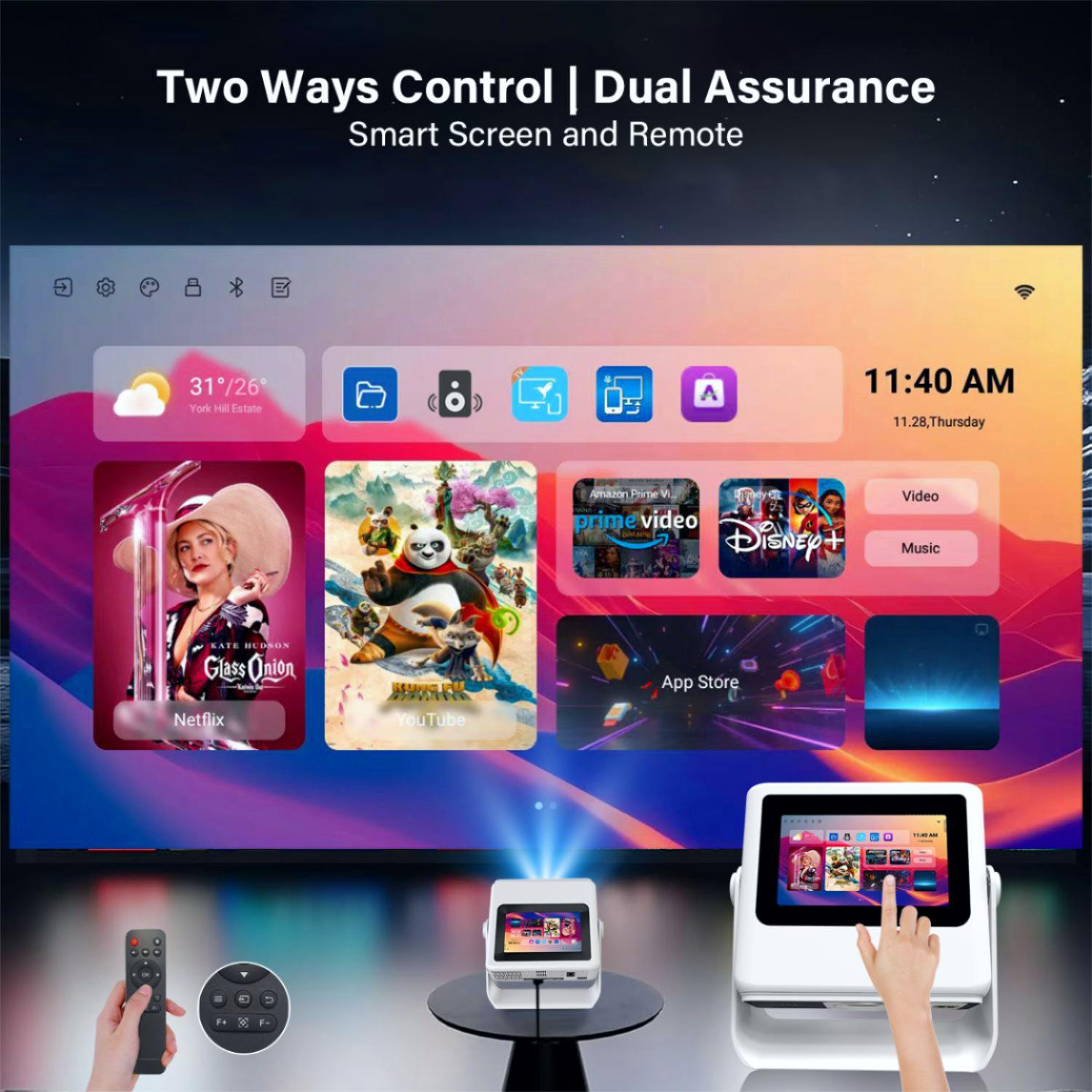 4k Support Projector with WiFi and Bluetooth,TouchScreen Portable Outdoor Smart Projector Auto Focus & Touch Control, Built-in 1,000+ Apps Native 1080P Mini Portable Movie Proyector for Home Theater