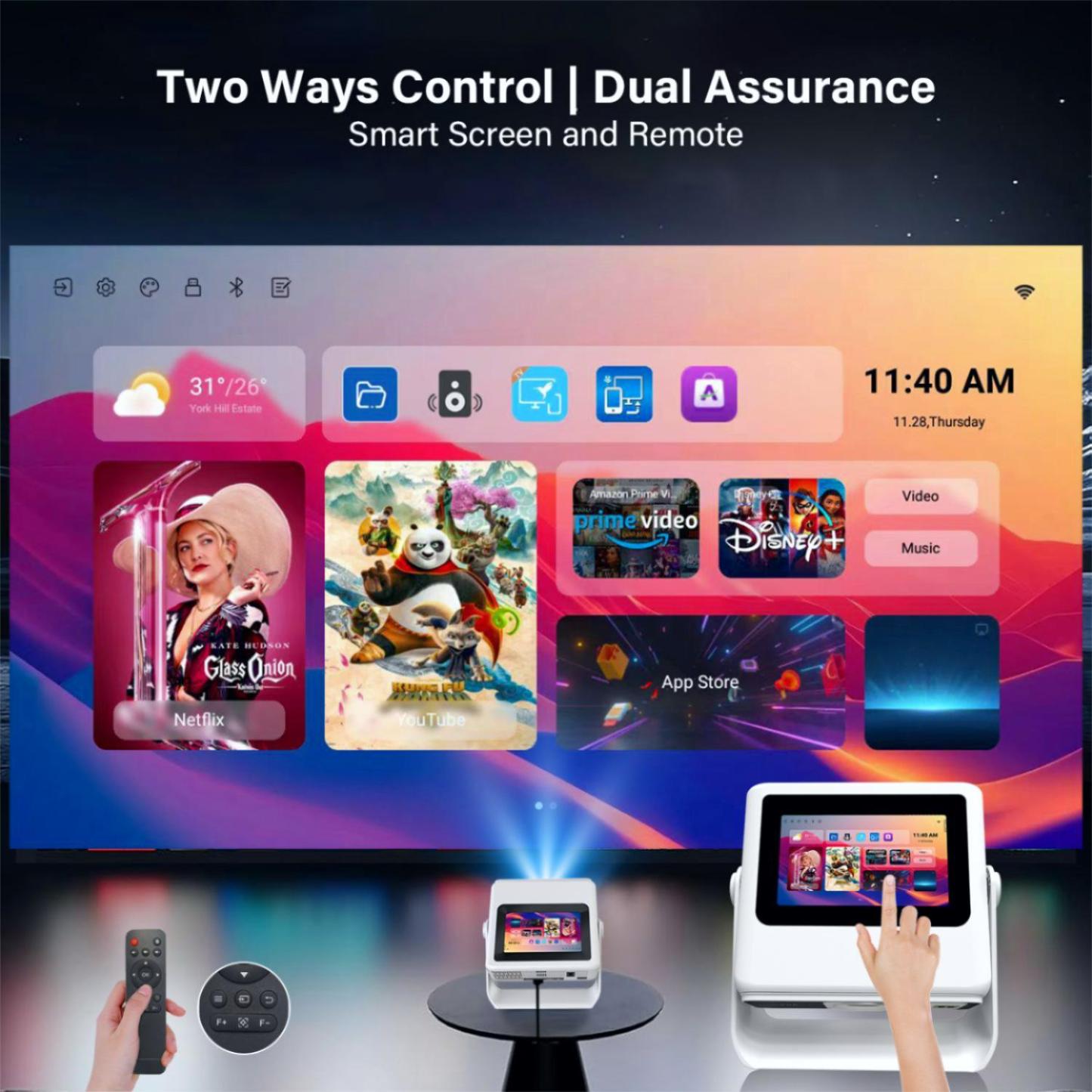 4k Support Projector with WiFi and Bluetooth,TouchScreen Portable Outdoor Smart Projector Auto Focus & Touch Control, Built-in 1,000+ Apps Native 1080P Mini Portable Movie Proyector for Home Theater