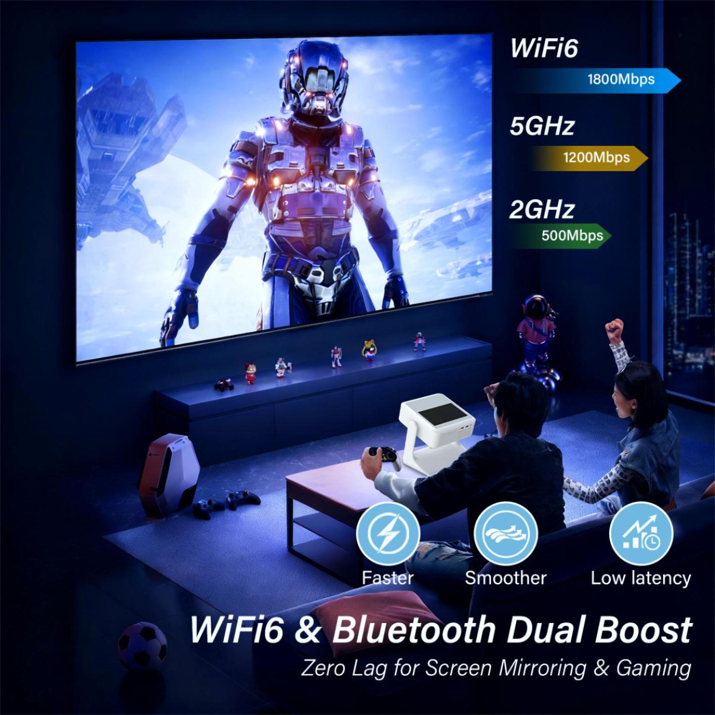 【Touch Screen/APP Store/800 ANSI/Auto Focus】Portable Projector, Full HD 4K Support Smart Video Projector, WiFi 6 Bluetooth for Home Theater/Gaming/Outdoor (180° Stand & 300 ''Display)