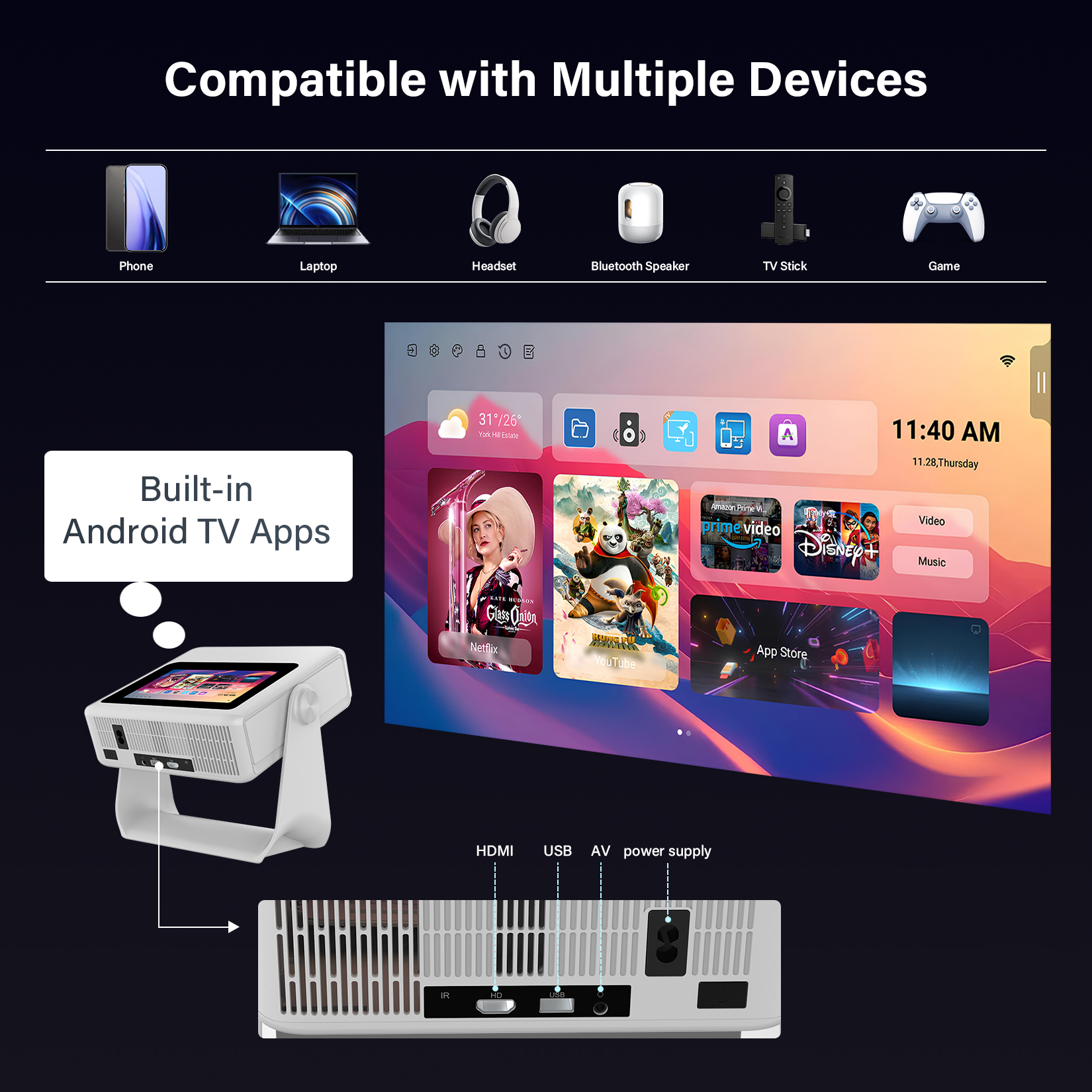 Smart Touchscreen Projector with WiFi 6 and Bluetooth Built-in Apps - 4K Support Portable Bedroom Mini Projector Native 1080P , Auto Keystone Home Theater Cinema Movie Outdoor Proyector