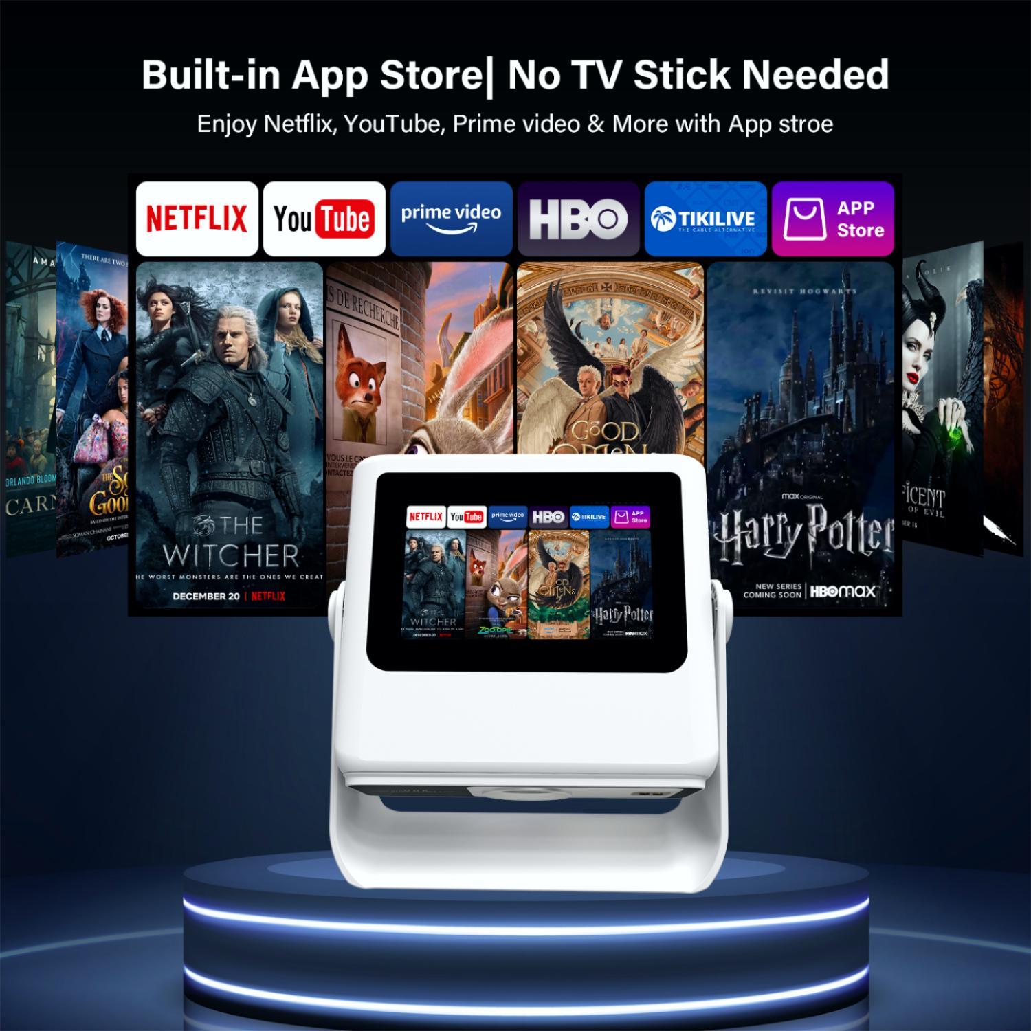 4k Support Projector with WiFi and Bluetooth,TouchScreen Portable Outdoor Smart Projector Auto Focus & Touch Control, Built-in 1,000+ Apps Native 1080P Mini Portable Movie Proyector for Home Theater