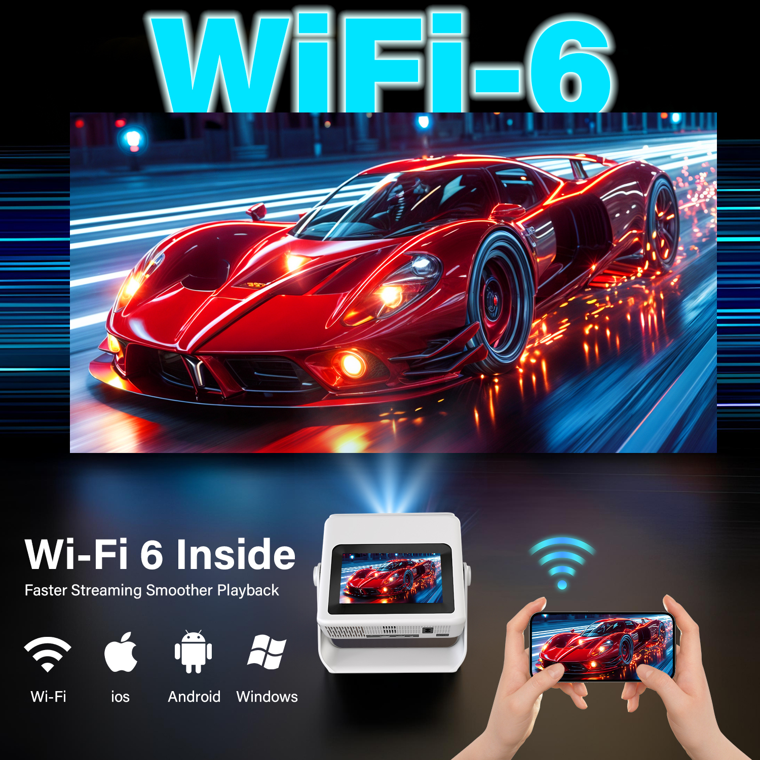 Smart Touchscreen Projector with WiFi 6 and Bluetooth Built-in Apps - 4K Support Portable Bedroom Mini Projector Native 1080P , Auto Keystone Home Theater Cinema Movie Outdoor Proyector