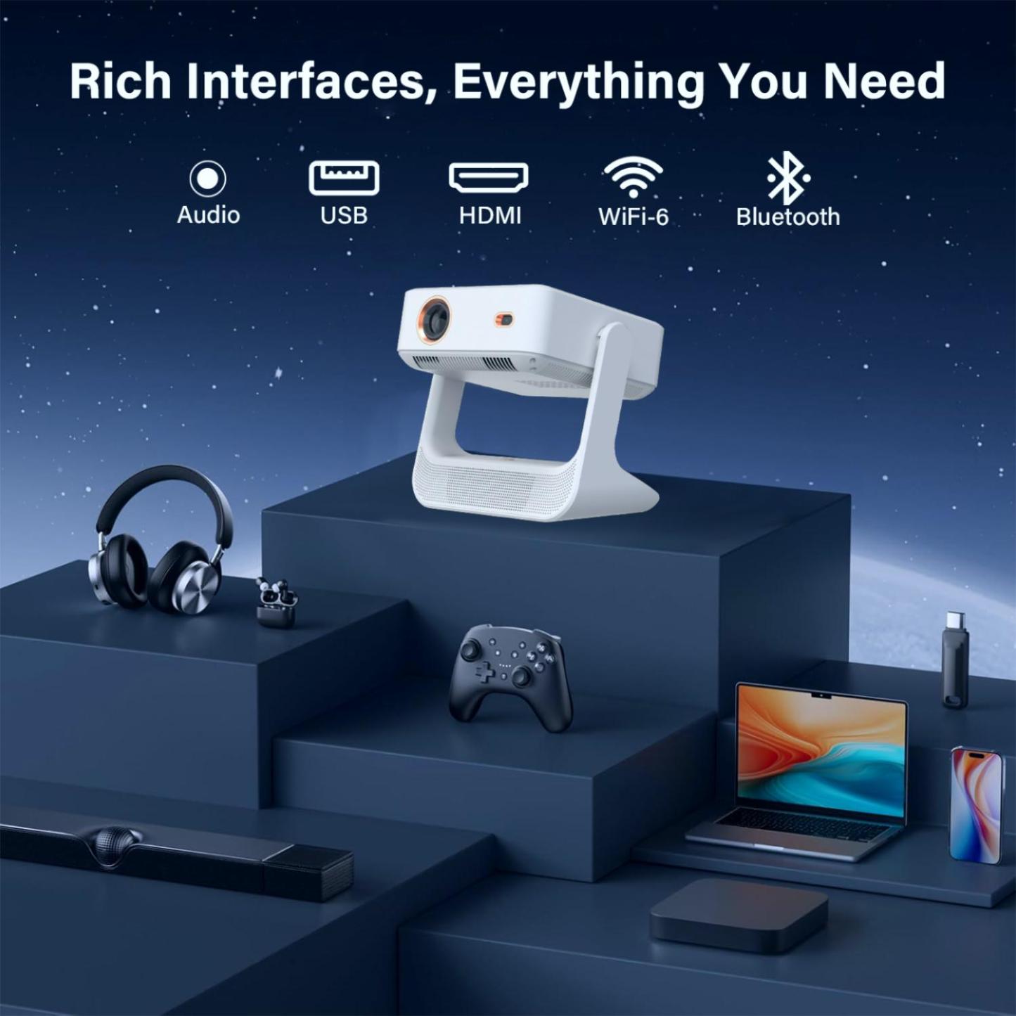 【Touch Screen/APP Store/800 ANSI/Auto Focus】Portable Projector, Full HD 4K Support Smart Video Projector, WiFi 6 Bluetooth for Home Theater/Gaming/Outdoor (180° Stand & 300 ''Display)