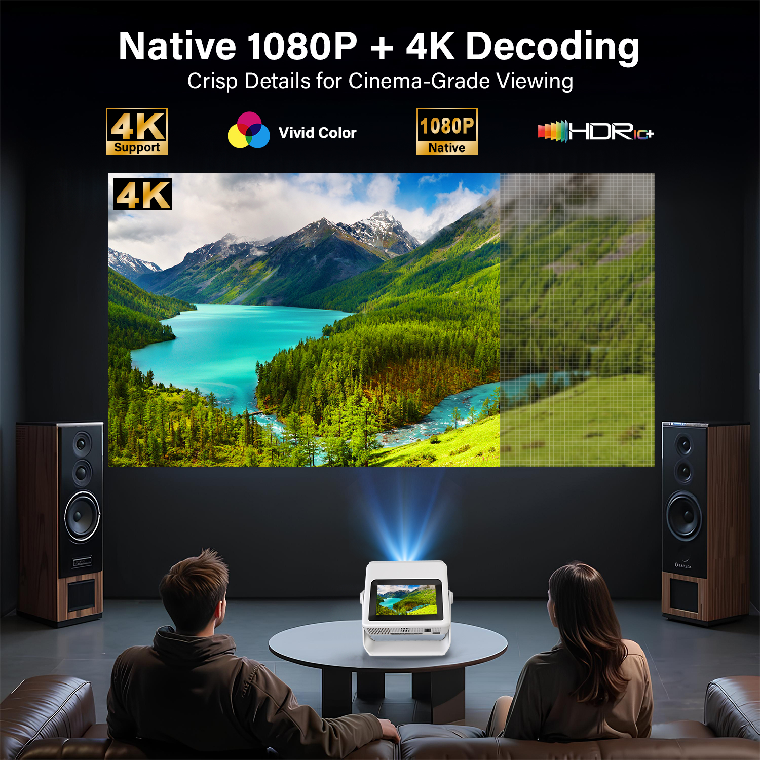 Smart Touchscreen Projector with WiFi 6 and Bluetooth Built-in Apps - 4K Support Portable Bedroom Mini Projector Native 1080P , Auto Keystone Home Theater Cinema Movie Outdoor Proyector