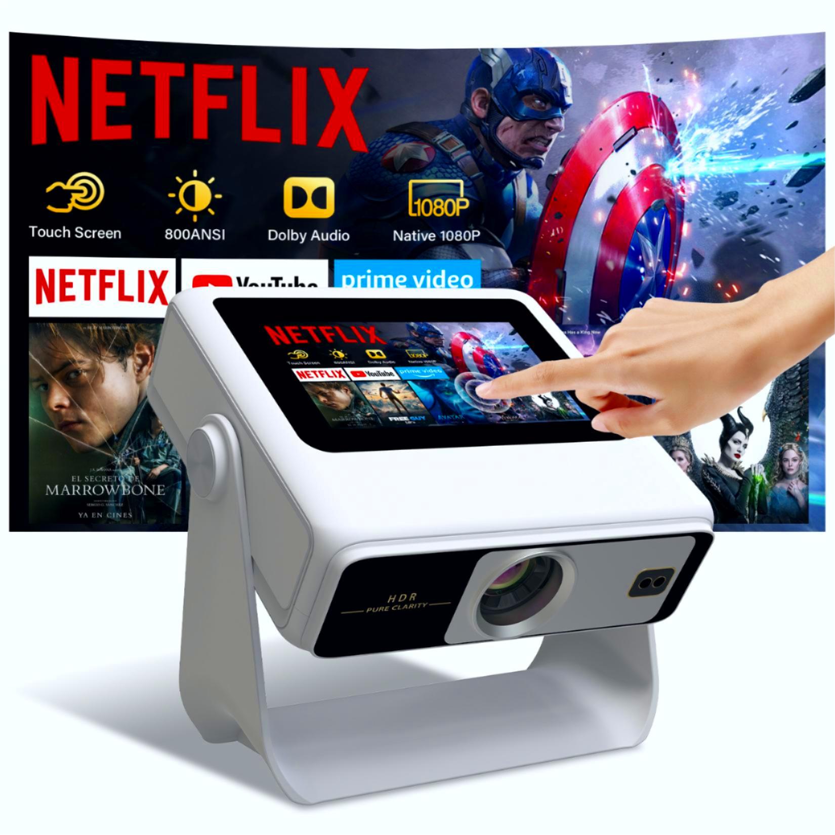 4k Support Projector with WiFi and Bluetooth,TouchScreen Portable Outdoor Smart Projector Auto Focus & Touch Control, Built-in 1,000+ Apps Native 1080P Mini Portable Movie Proyector for Home Theater