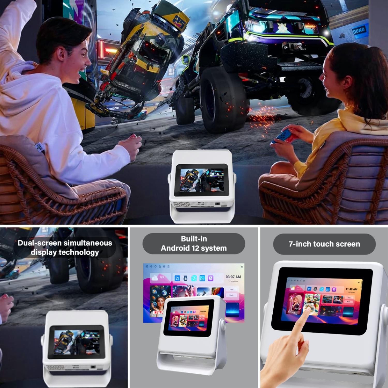 4k Support Projector with WiFi and Bluetooth,TouchScreen Portable Outdoor Smart Projector Auto Focus & Touch Control, Built-in 1,000+ Apps Native 1080P Mini Portable Movie Proyector for Home Theater