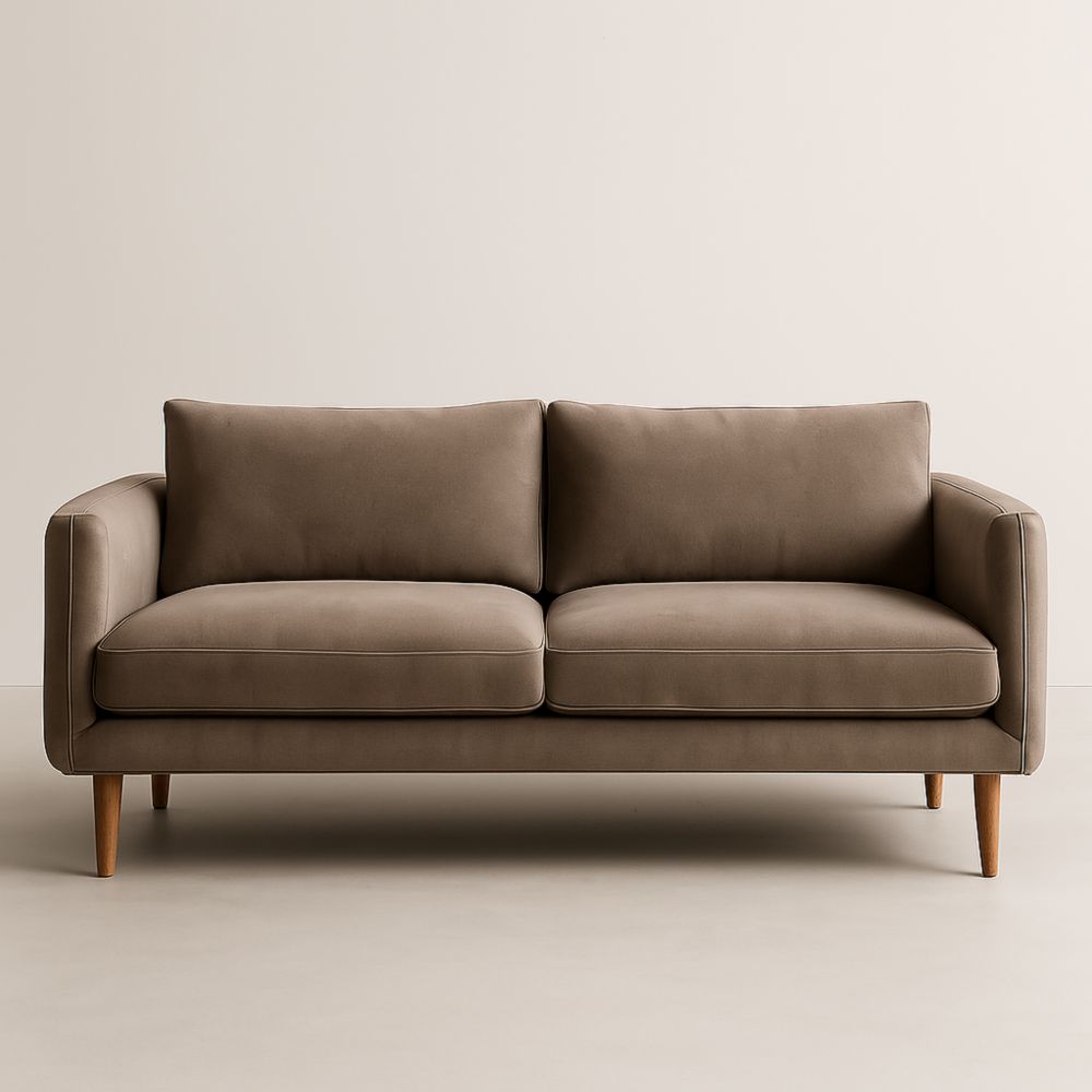 Canapé 2 places en tissu marron avec pieds en bois, 180x85x75 cm