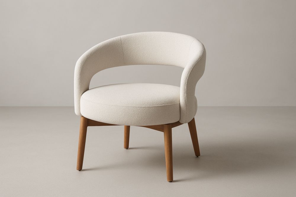 Fauteuil crème en MDF et tissu polyester avec pieds hêtre coniques – 60×60×75 cm