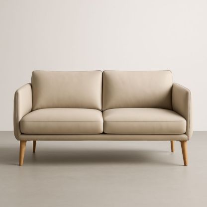 Canapé 2 Places Cuir Synthétique Beige Pieds Bois