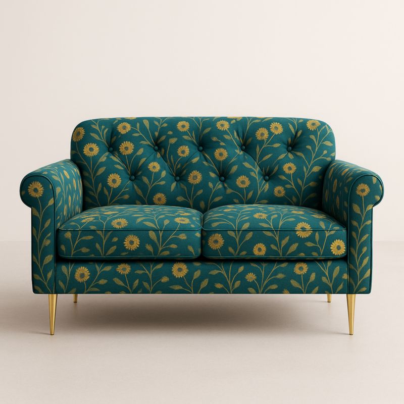 Canapé 2 Places Velours Vert Motif Floral Pieds Métal