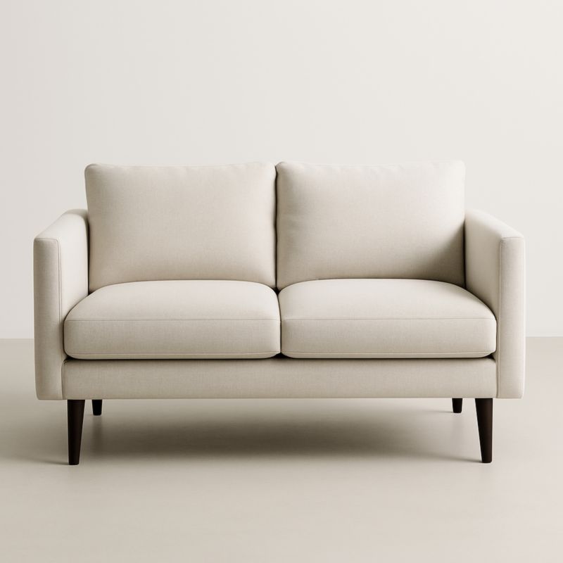 Canapé deux places tissu polyester beige pieds bois